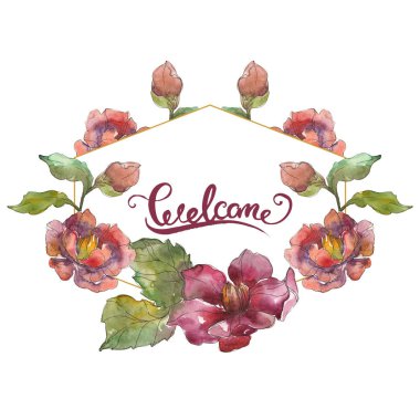 Kırmızı peonies. Suluboya arka plan illüstrasyon küme. Çerçeve kenarlığı süsleme hoş geldiniz yazıt ile.