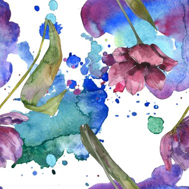Mor Lale Çiçek Botanik çiçek. Vahşi bahar yaprak izole. Suluboya resim kümesi. Suluboya çizim moda aquarelle. Sorunsuz arka plan deseni. Kumaş duvar kağıdı yazdırma doku.