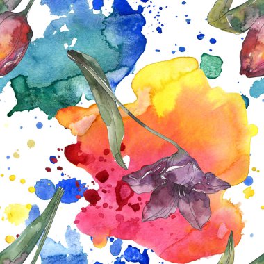 Mor Lale Çiçek Botanik çiçek. Vahşi bahar yaprak izole. Suluboya resim kümesi. Suluboya çizim moda aquarelle. Sorunsuz arka plan deseni. Kumaş duvar kağıdı yazdırma doku.