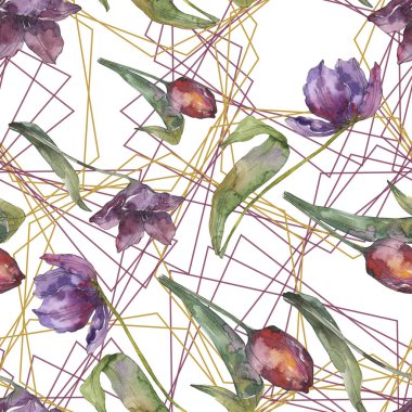 Mor Lale Çiçek Botanik çiçek. Vahşi bahar yaprak izole. Suluboya resim kümesi. Suluboya çizim moda aquarelle. Sorunsuz arka plan deseni. Kumaş duvar kağıdı yazdırma doku.