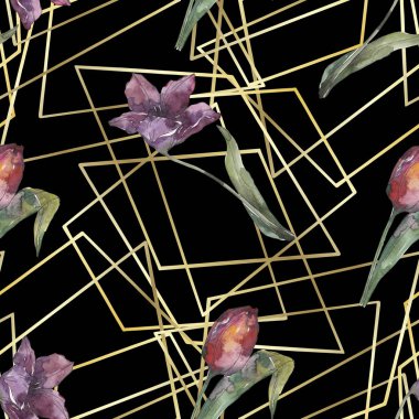 Mor Lale Çiçek Botanik çiçek. Vahşi bahar yaprak izole. Suluboya resim kümesi. Suluboya çizim moda aquarelle. Sorunsuz arka plan deseni. Kumaş duvar kağıdı yazdırma doku.