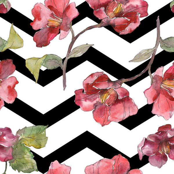 Red peonies watercolor illustration set. Seamless background pattern. Fabric wallpaper print texture.