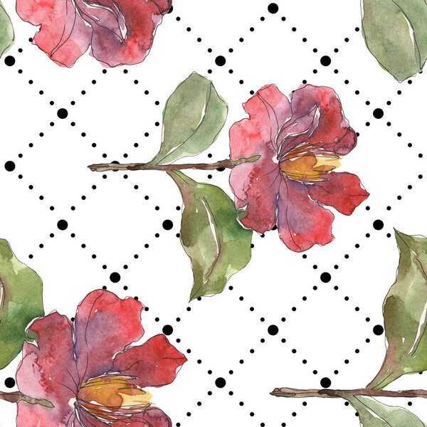 Red peonies watercolor illustration set. Seamless background pattern. Fabric wallpaper print texture.