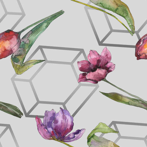 Фиолетовый тюльпан цветочные ботанические цветы. Дикий весенний лист изолирован. Набор акварельных рисунков. Акварель для рисования акварелью. Бесшовный рисунок фона. Текстура ткани для печати обоев
.