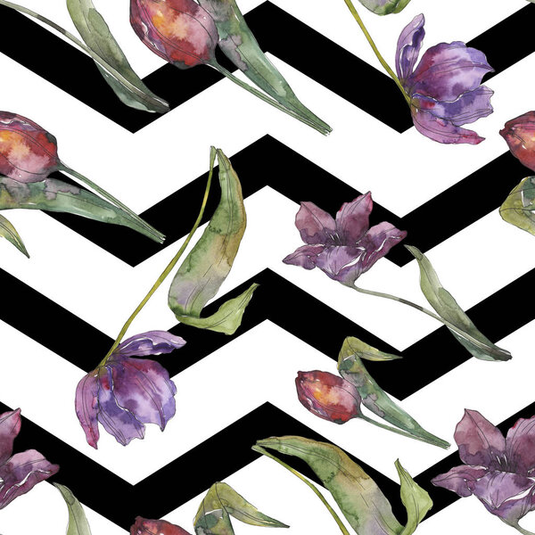 Purple tulip floral botanical flowers. Wild spring leaf isolated. Watercolor illustration set. Watercolour drawing fashion aquarelle. Seamless background pattern. Fabric wallpaper print texture.