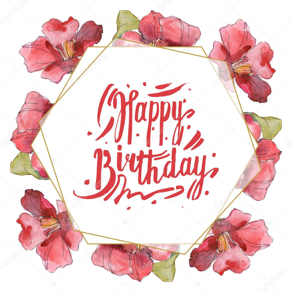 Red Peonies Watercolor Background Illustration Set Frame Border Ornament With Happy Birthday Inscription 238423458 Larastock