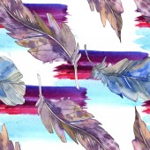 Bird feather from wing isolated. Watercolor background illustration set. Watercolour drawing fashion aquarelle isolated. Seamless background pattern. Fabric wallpaper print texture.