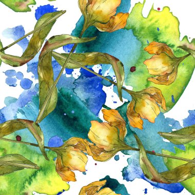 Lale yeşil yaprakları ve soyut desen sorunsuz arka plan ile. Kumaş duvar kağıdı yazdırma doku. Suluboya resim seti. 