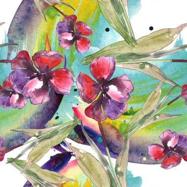 Lale yeşil yaprakları ve soyut desen sorunsuz arka plan ile. Kumaş duvar kağıdı yazdırma doku. Suluboya resim seti. 