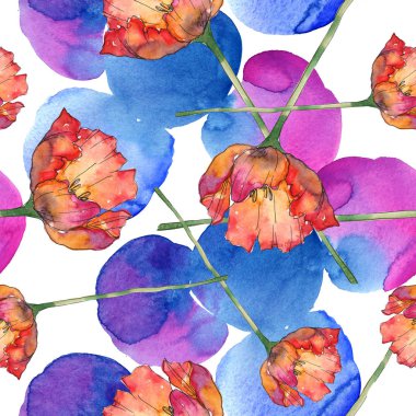 Lale yeşil yaprakları ve soyut desen sorunsuz arka plan ile. Kumaş duvar kağıdı yazdırma doku. Suluboya resim seti. 