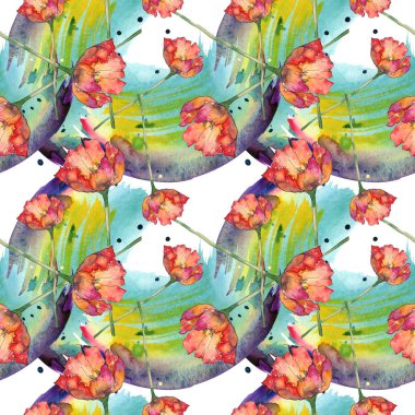 Lale yeşil yaprakları ve soyut desen sorunsuz arka plan ile. Kumaş duvar kağıdı yazdırma doku. Suluboya resim seti. 