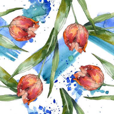 Lale yeşil yaprakları ve soyut desen sorunsuz arka plan ile. Kumaş duvar kağıdı yazdırma doku. Suluboya resim seti. 