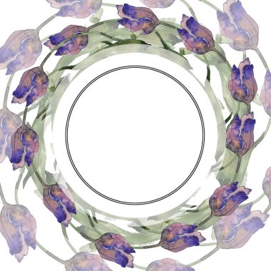 Mor ve mavi lale suluboya arka plan illüstrasyon küme. Çerçeve kenarlığı süsleme kopya alanı ile.