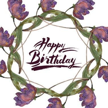 Mor ve mavi lale. Suluboya arka plan illüstrasyon küme. Çerçeve kenarlığı süsleme yazıt ile.