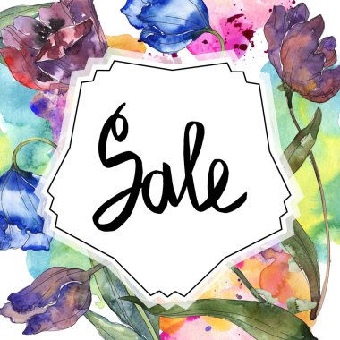 Mor ve mavi lale. Suluboya arka plan illüstrasyon küme. Çerçeve kenarlığı süsleme yazıt ile.