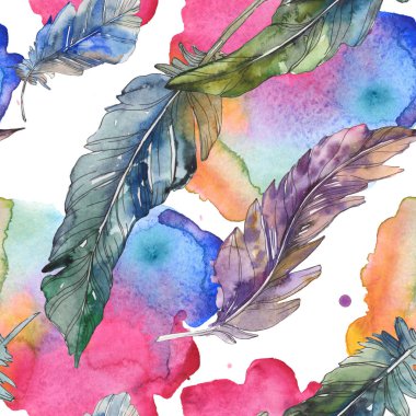 Kuş tüyü izole Wing. Suluboya arka plan illüstrasyon küme. Suluboya çizim moda aquarelle izole. Sorunsuz arka plan deseni. Kumaş duvar kağıdı yazdırma doku.