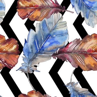 Kuş tüyü izole Wing. Suluboya arka plan illüstrasyon küme. Suluboya çizim moda aquarelle izole. Sorunsuz arka plan deseni. Kumaş duvar kağıdı yazdırma doku.