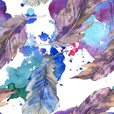 Kuş tüyü izole Wing. Suluboya arka plan illüstrasyon küme. Suluboya çizim moda aquarelle izole. Sorunsuz arka plan deseni. Kumaş duvar kağıdı yazdırma doku.