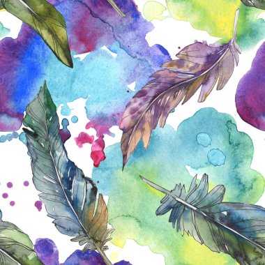 Kuş tüyü izole Wing. Suluboya arka plan illüstrasyon küme. Suluboya çizim moda aquarelle izole. Sorunsuz arka plan deseni. Kumaş duvar kağıdı yazdırma doku.