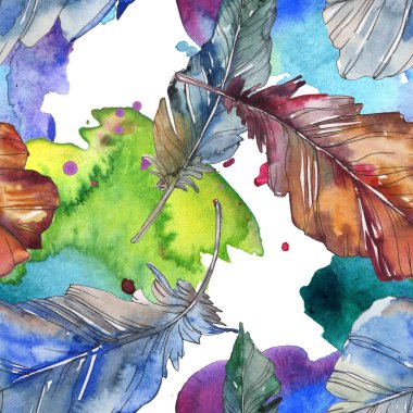 Kuş tüyü izole Wing. Suluboya arka plan illüstrasyon küme. Suluboya çizim moda aquarelle izole. Sorunsuz arka plan deseni. Kumaş duvar kağıdı yazdırma doku.