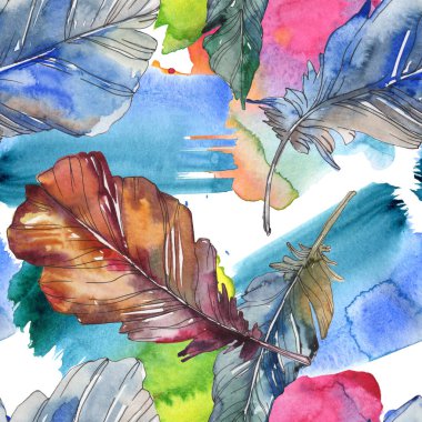 Kuş tüyü izole Wing. Suluboya arka plan illüstrasyon küme. Suluboya çizim moda aquarelle izole. Sorunsuz arka plan deseni. Kumaş duvar kağıdı yazdırma doku.