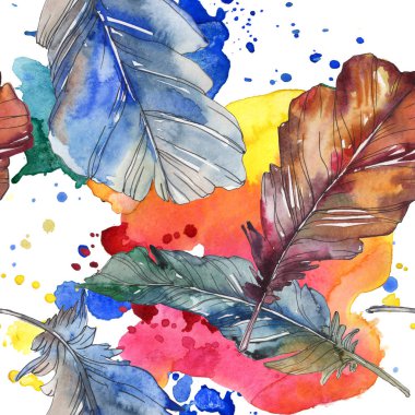 Kuş tüyü izole Wing. Suluboya arka plan illüstrasyon küme. Suluboya çizim moda aquarelle izole. Sorunsuz arka plan deseni. Kumaş duvar kağıdı yazdırma doku.