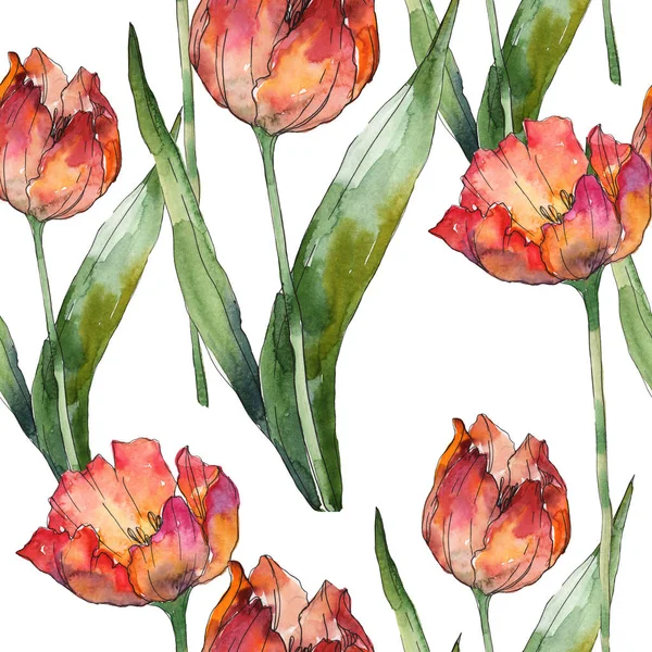 Geïsoleerde Tulpen Met Groene Bladeren Naadloze Achtergrondpatroon Structuur Behang Print — Stockfoto
