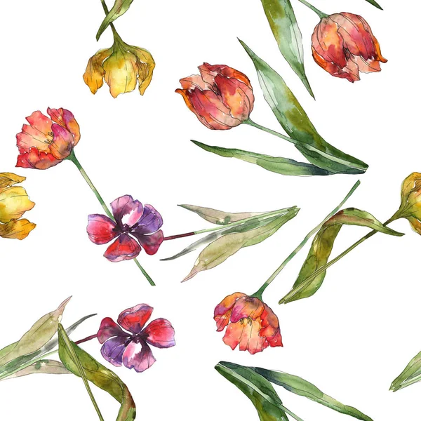 Izolované Tulipány Vzor Bezešvé Pozadí Zelených Listů Fabric Tapety Tisku — Stock fotografie