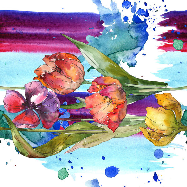 Tulips with green leaves and abstract pattern seamless background. Fabric wallpaper print texture. Watercolor illustration set. 