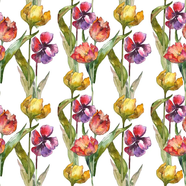 Isolated Tulips Green Leaves Seamless Background Pattern Fabric Wallpaper Print — Stock Photo, Image