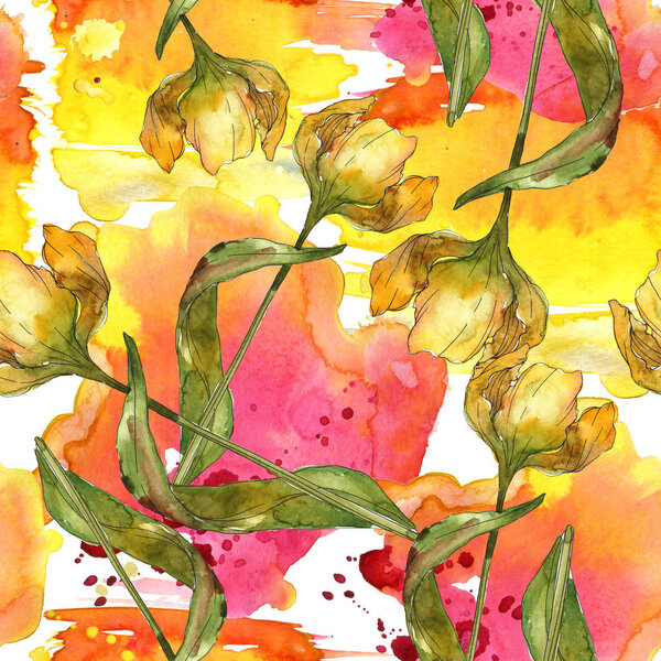 Tulips with green leaves and abstract pattern seamless background. Fabric wallpaper print texture. Watercolor illustration set. 