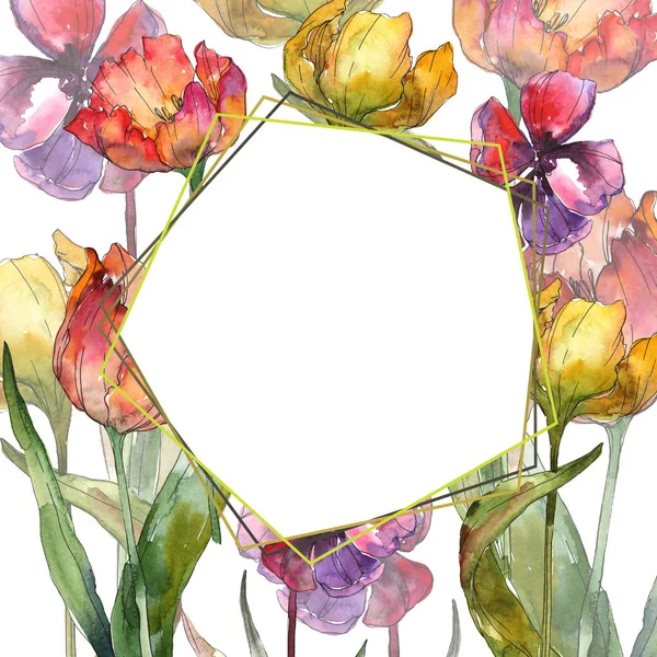 Yellow Red Tulips Watercolor Background Illustration Set Frame Border Ornament — Stock Photo, Image