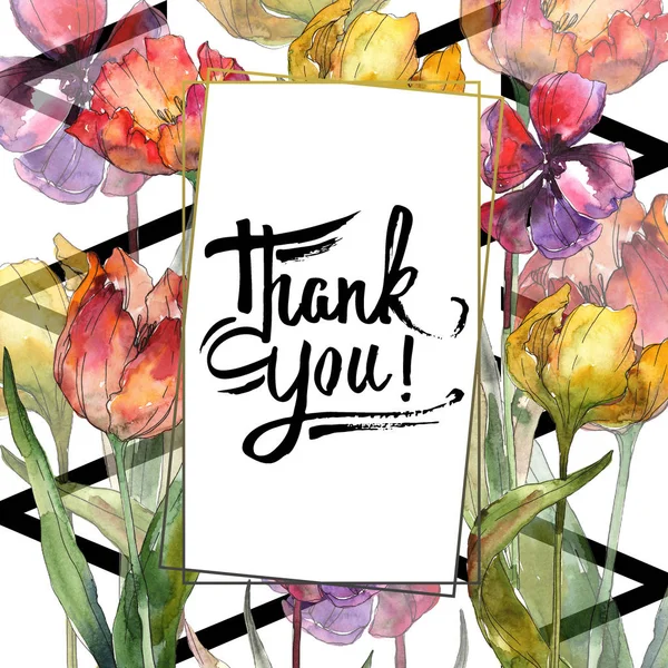 Gelbe Und Rote Tulpen Aquarell Hintergrund Illustrationsset Rahmen Bordüre Ornament — Stockfoto