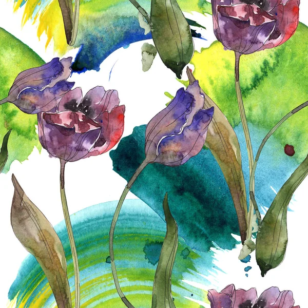 Purple Blue Tulips Watercolor Illustration Set Seamless Background Pattern Fabric — Stock Photo, Image