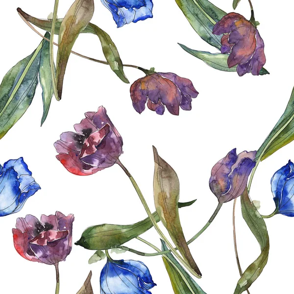 紫色和蓝色郁金香水彩画集 无缝的背景模式 织物壁纸打印纹理 — 图库照片