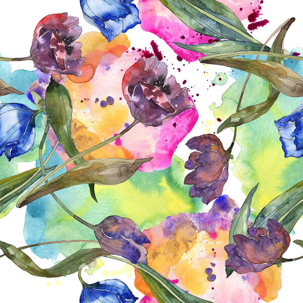 Purple and blue tulips watercolor illustration set. Seamless background pattern. Fabric wallpaper print texture.