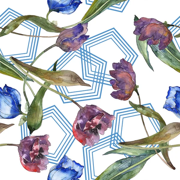Ensemble Illustration Aquarelle Tulipes Violettes Bleues Modèle Fond Sans Couture — Photo