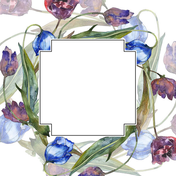 Purple and blue tulips watercolor background illustration set. Frame border ornament with copy space.