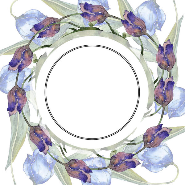 Фиолетовый и синий тюльпаны акварельный набор иллюстраций фона. Украшение рамки с копировальным пространством
.