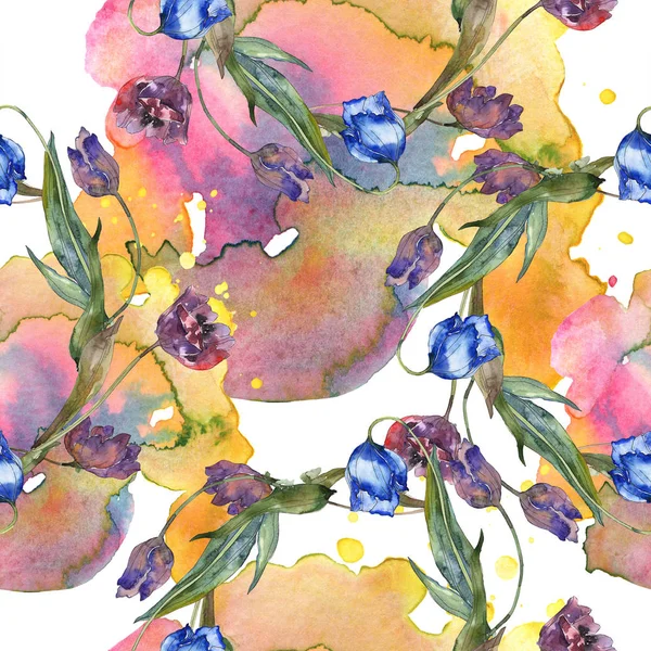 Ensemble Illustration Aquarelle Tulipes Violettes Bleues Modèle Fond Sans Couture — Photo