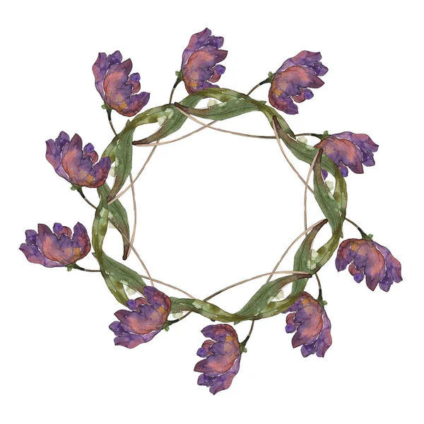Tulipany Fioletowy Niebieski Zestaw Ilustracji Tle Akwarela Ornament Rama Granicy — Zdjęcie stockowe