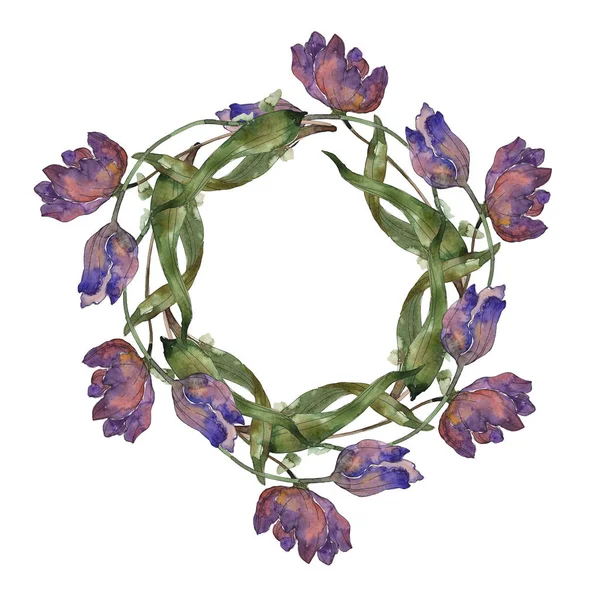 Ensemble Illustration Fond Aquarelle Tulipes Violet Bleu Cadre Bordure Ornement — Photo