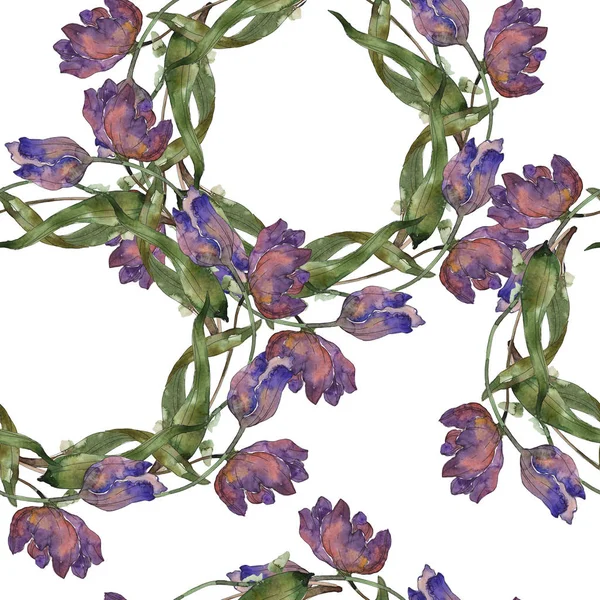 紫と青のチューリップ水彩イラスト セット シームレスな背景パターン 壁紙印刷手触りの生地 — ストック写真