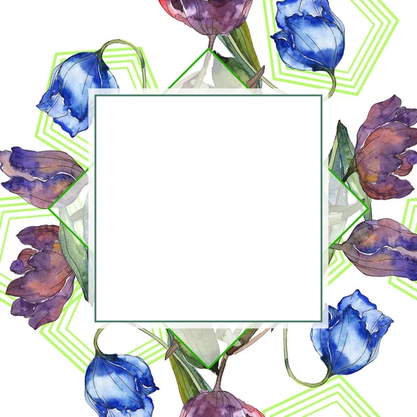 Tulipanes Púrpura Azul Conjunto Ilustración Fondo Acuarela Marco Ornamento Borde — Foto de Stock