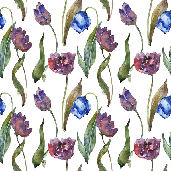 Paarse Blauwe Tulpen Aquarel Illustratie Set Naadloze Achtergrondpatroon Structuur Behang — Stockfoto