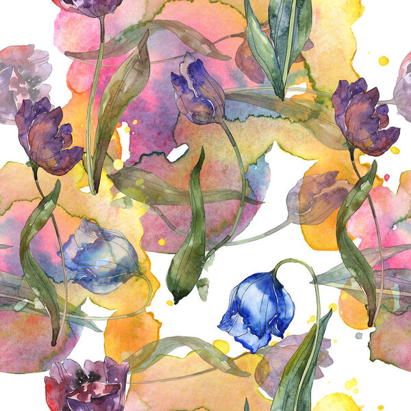 Purple and blue tulips watercolor illustration set. Seamless background pattern. Fabric wallpaper print texture.