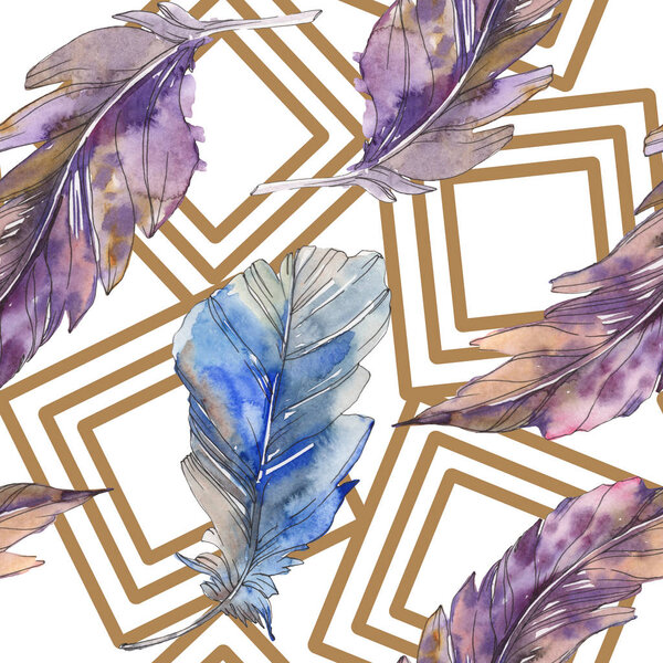 Bird feather from wing isolated. Watercolor background illustration set. Watercolour drawing fashion aquarelle isolated. Seamless background pattern. Fabric wallpaper print texture.