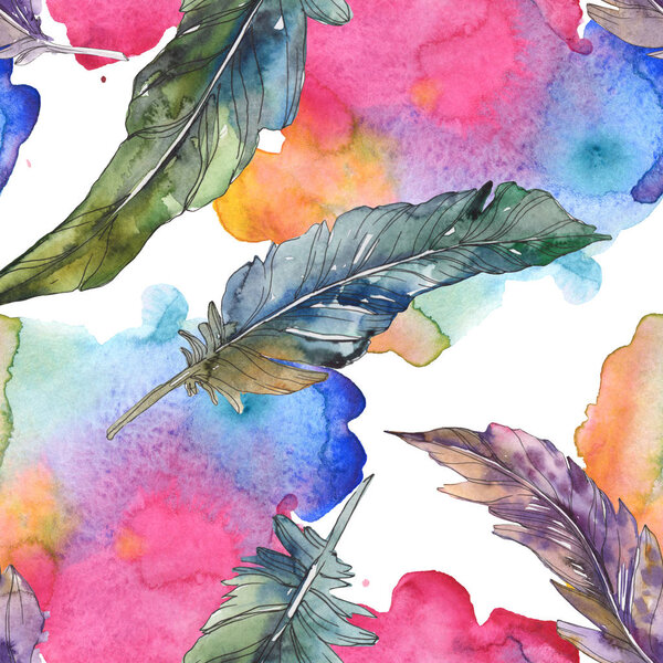 Bird feather from wing isolated. Watercolor background illustration set. Watercolour drawing fashion aquarelle isolated. Seamless background pattern. Fabric wallpaper print texture.