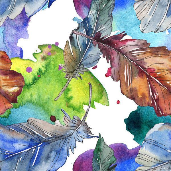 Bird feather from wing isolated. Watercolor background illustration set. Watercolour drawing fashion aquarelle isolated. Seamless background pattern. Fabric wallpaper print texture.