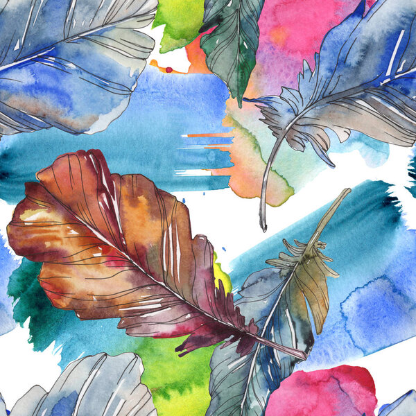 Bird feather from wing isolated. Watercolor background illustration set. Watercolour drawing fashion aquarelle isolated. Seamless background pattern. Fabric wallpaper print texture.